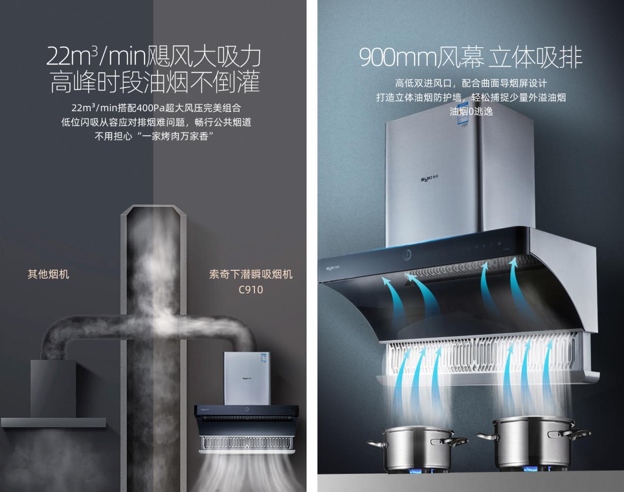 新中式厨房的新选择，索奇C910潜吸式油烟机与厨房融为一体！