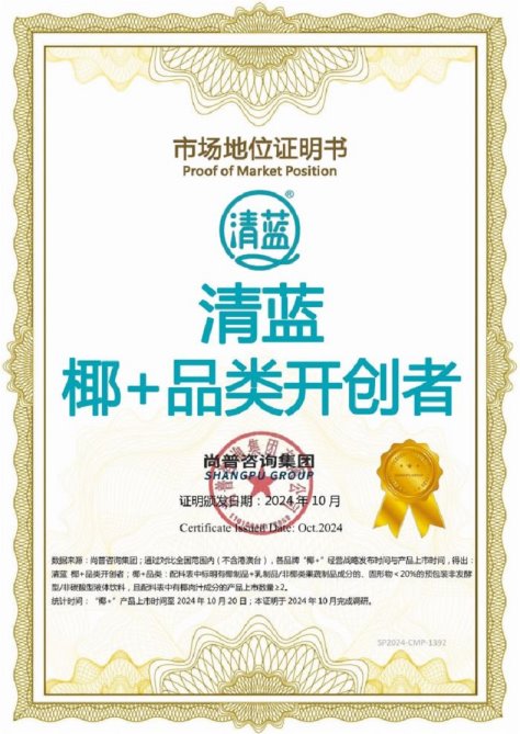 清蓝椰+系列饮品一举荣获三项尚普咨询集团市场地位声明